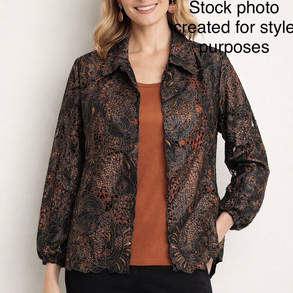 Chico’s Women’s Size 0 Open Front Black & Copper Cutout Lace Jacket Small S Sz 4